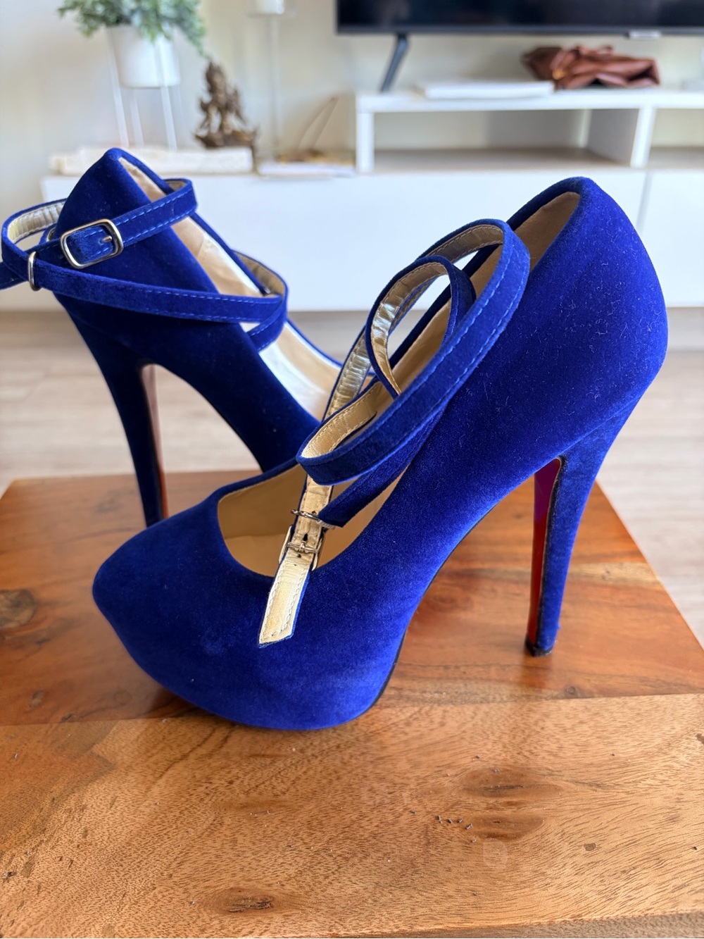 Royal Blue Suede High Heel Mary Jane Pumps with Ankle Strap
